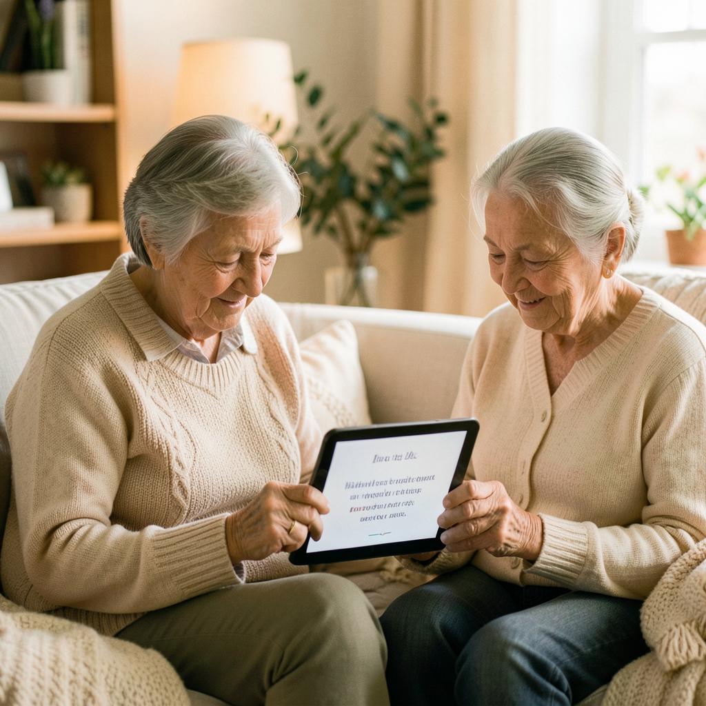 Grandparents reading an email together on a tablet in the living room