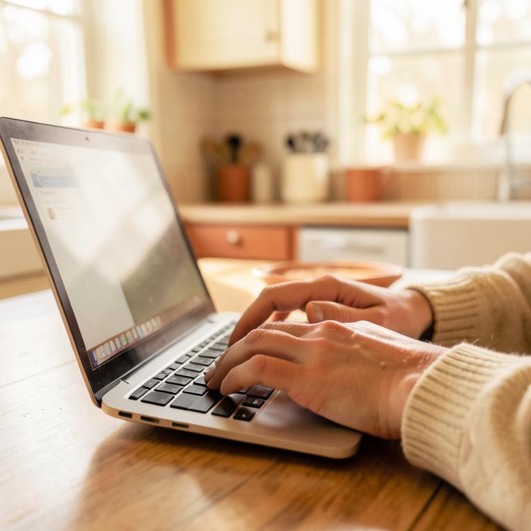 Hands typing on a laptop at a kitchen table.