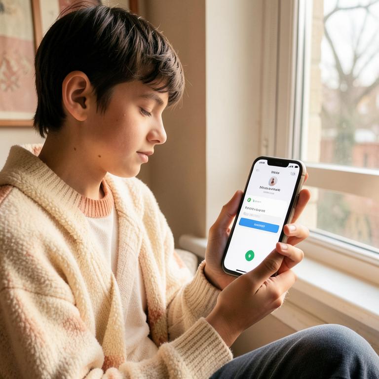 A young person holding a phone showing a verification code.