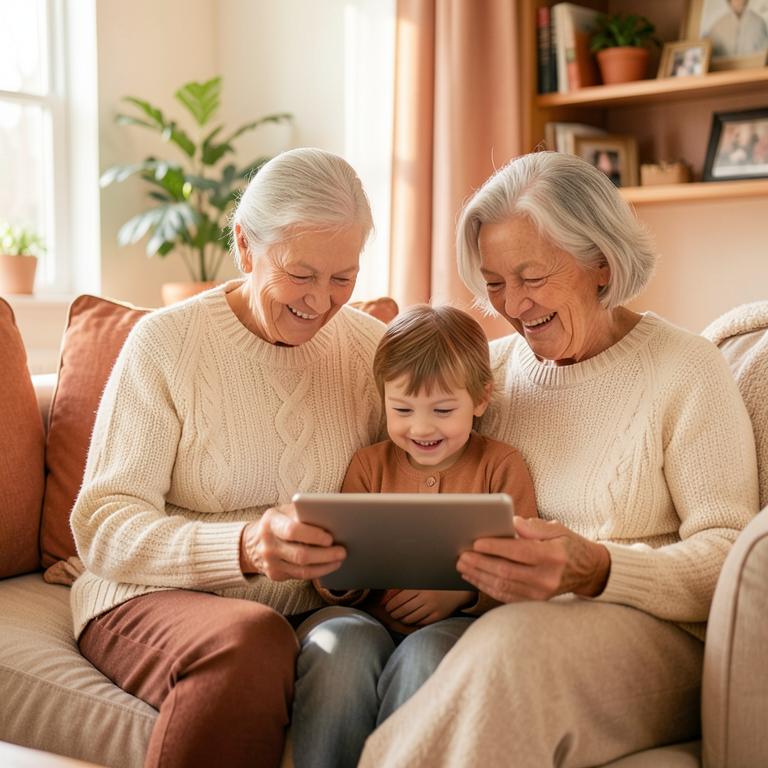 Grandparents and a grandchild looking at a tablet together.