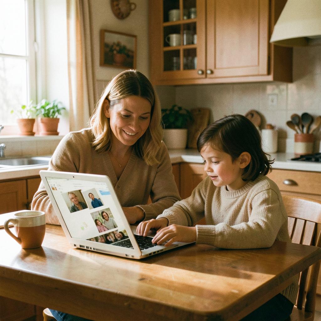 A parent and child looking at family photos on a laptop at the kitchen table