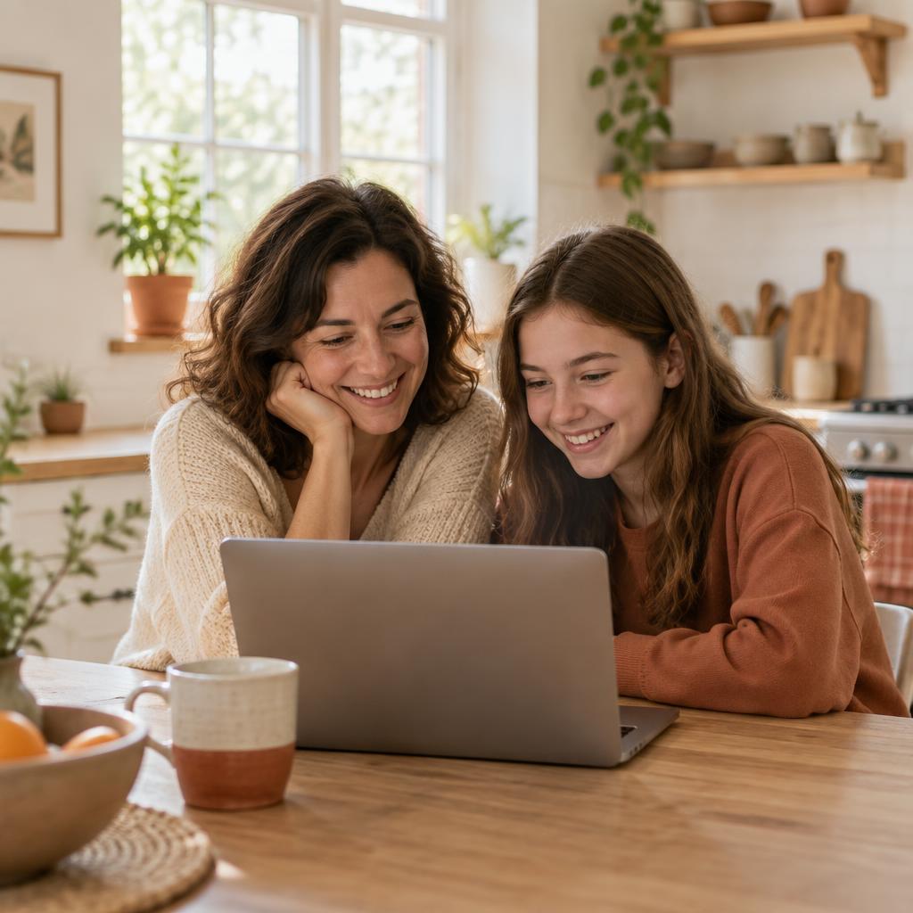 A mother and her teenage daughter looking at a laptop together at the kitchen table