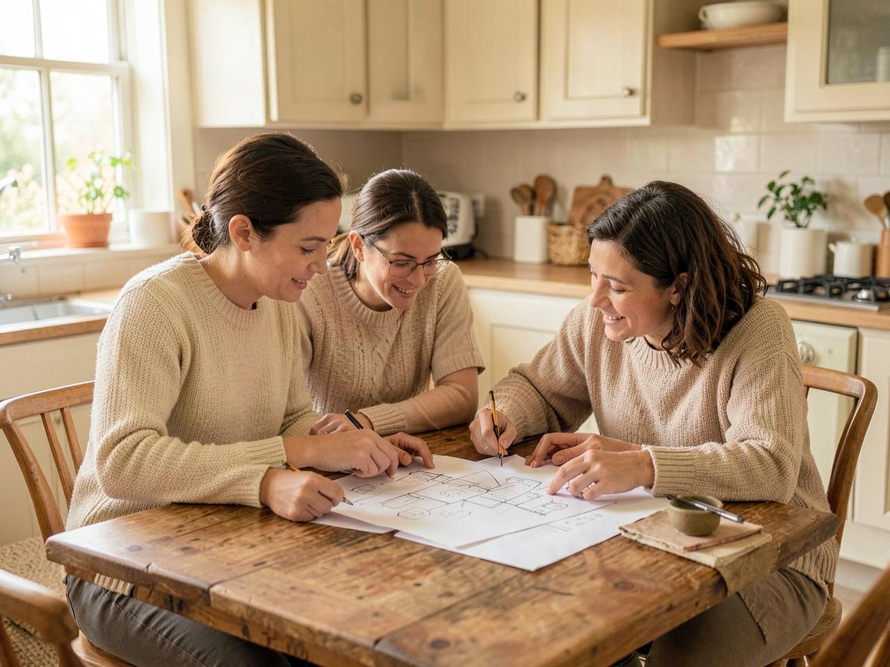 A family sitting at a kitchen table going through simple plans together